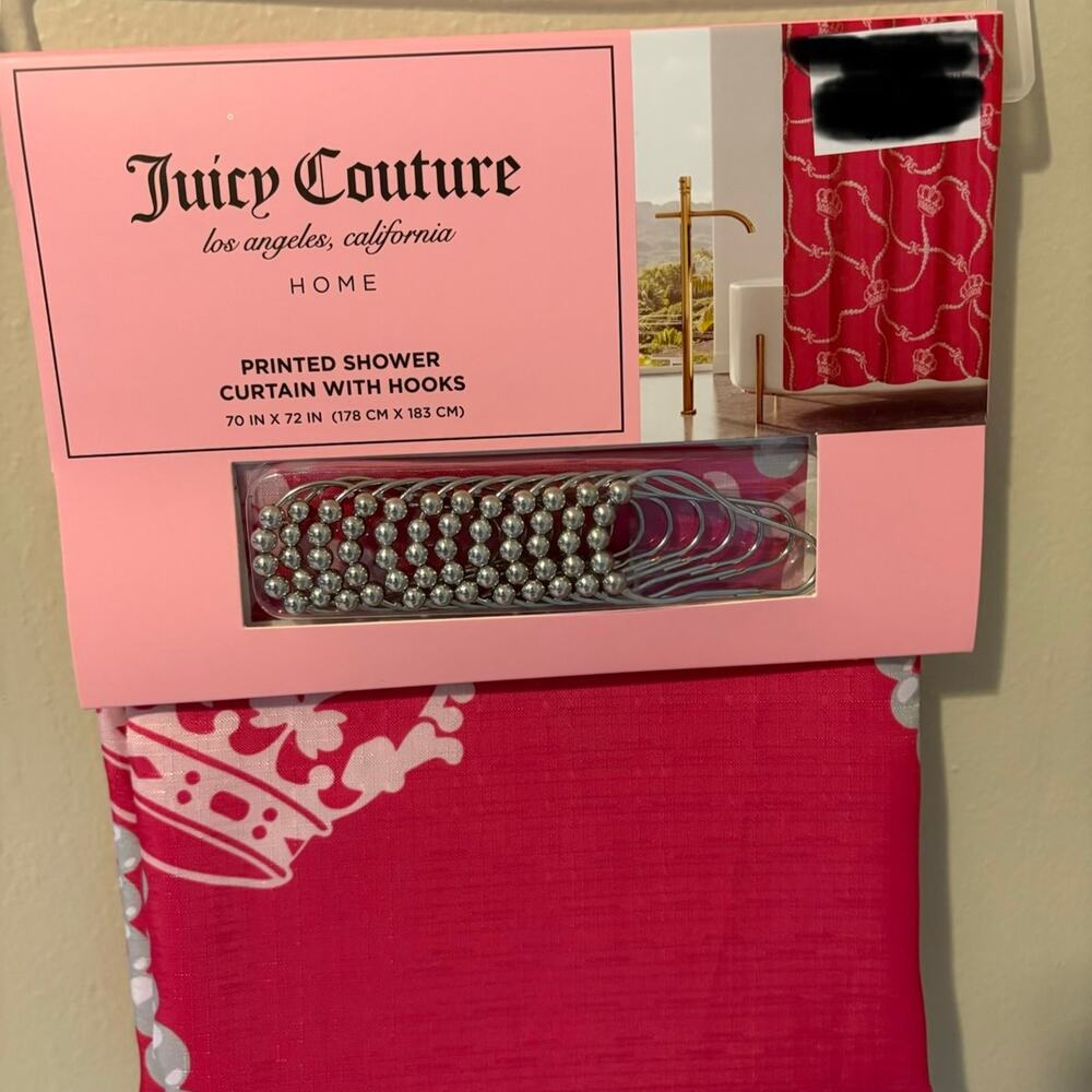 Juicy Couture Pink Crown and Pearl Shower Curtain + Hooks